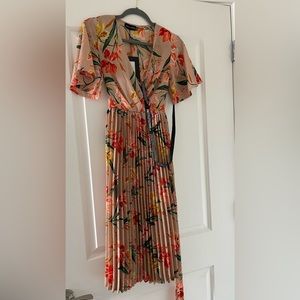 Pink Floral Pleated Midi Dress